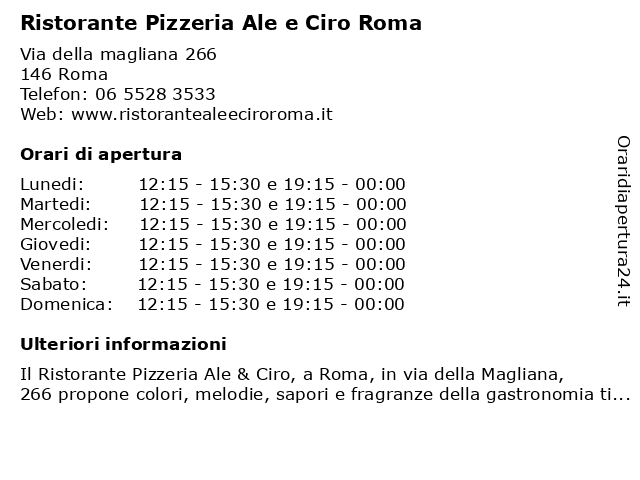 Orari di apertura Ristorante Pizzeria Ale e Ciro Roma Via